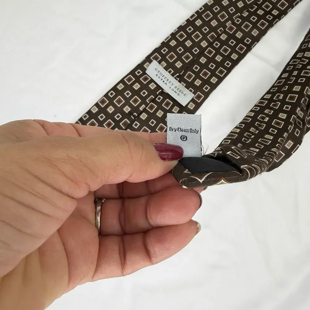 Geoffrey Beene Extra Long 100% Silk Geometric Print Brown Necktie, preppy, work